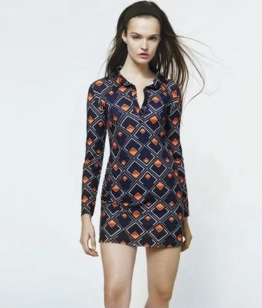 Zara Dress Geometric Print Polo Collar Long Sleeve S