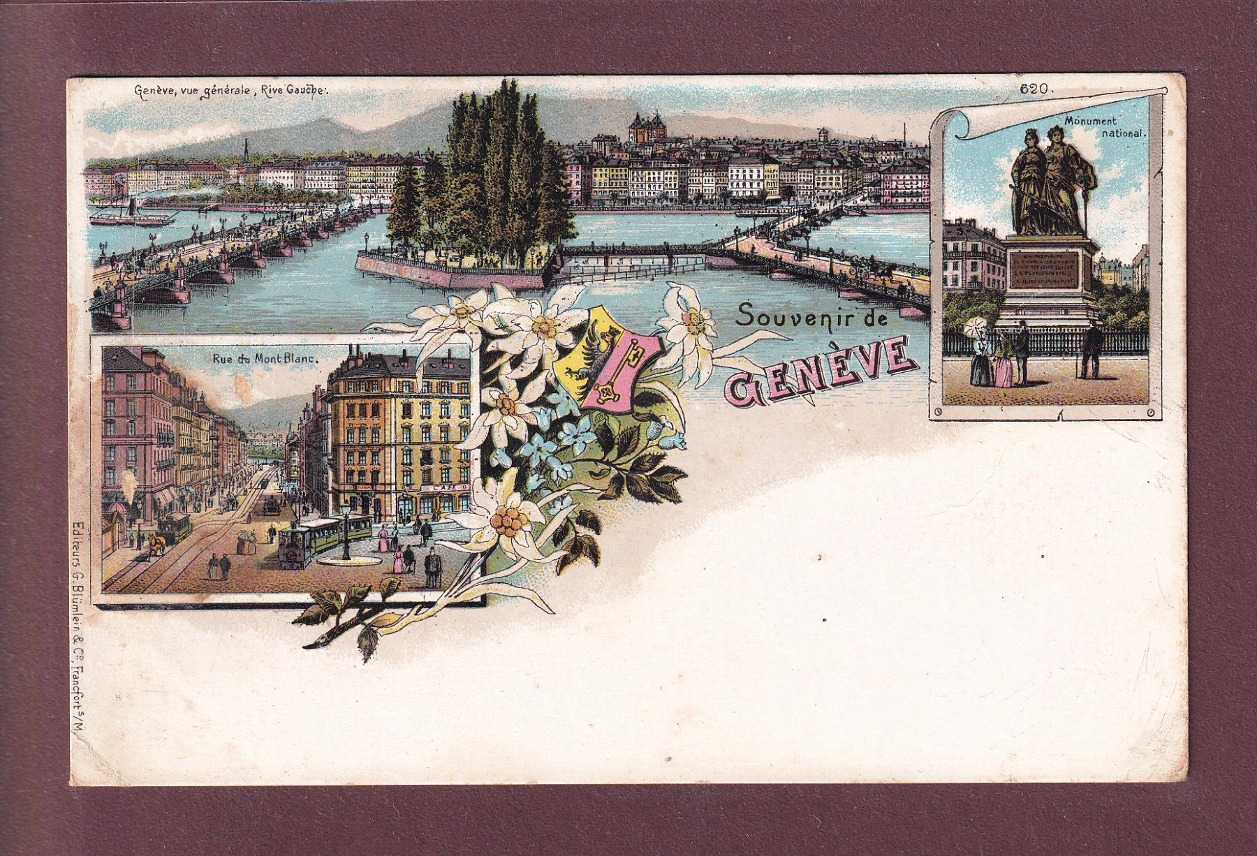 Ansichtskarten: Souvenir de GENEVE Litho Blümlein // petits plis d'angle // – Gebraucht aus Pully von nicecards