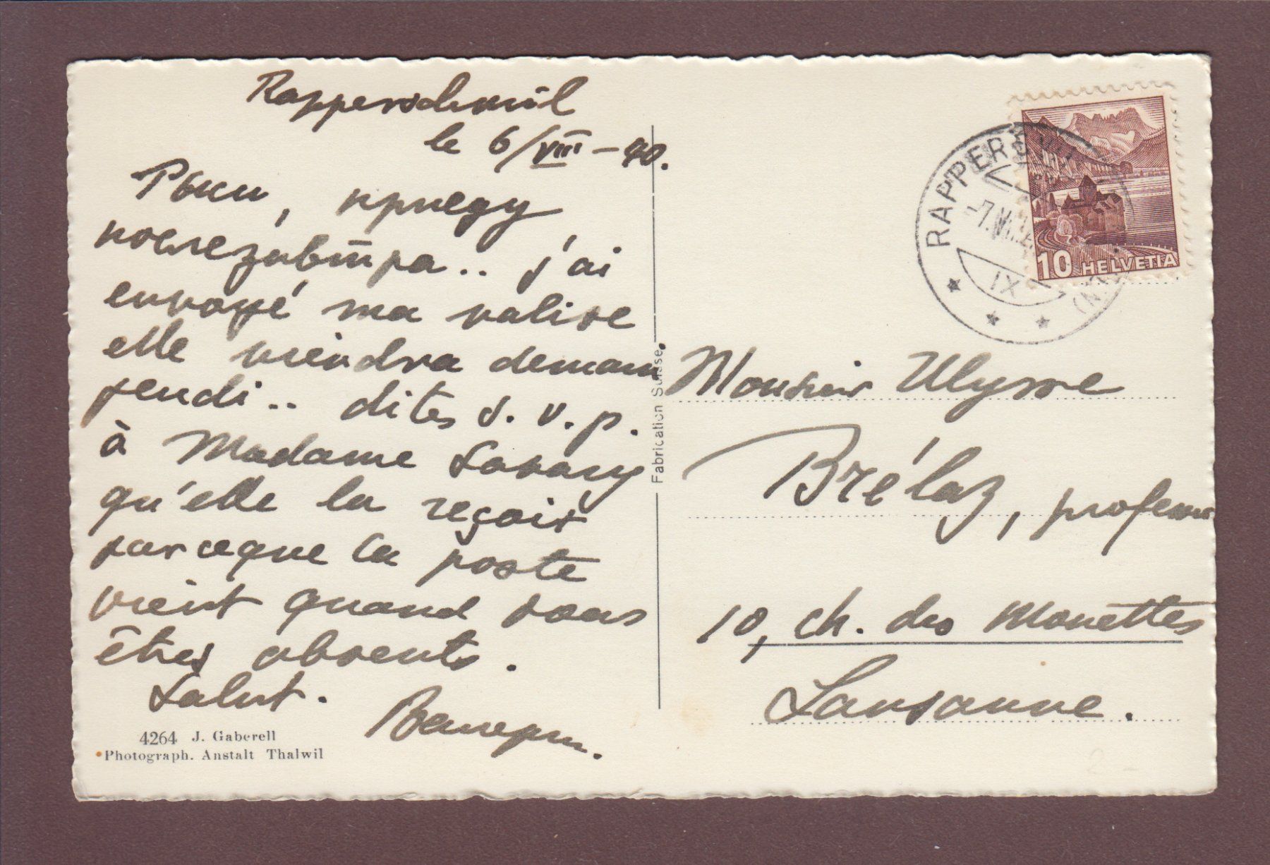 Cartoline postali: RAPPERSWIL - Schloss - 1940 – Usato da Pully venduto da nicecards 1