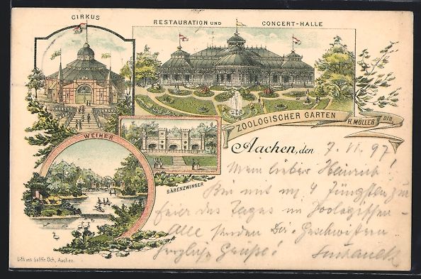 Cartoline postali: Litho Aachen, Restaurant und Concert-Hal – Usato da Berlin venduto da bartko-reher