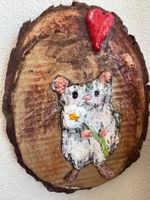 Acrylic painting on wood - mouse with flower