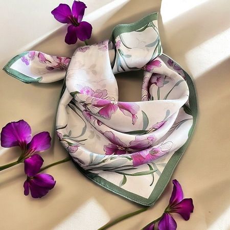 New 53cm Silk Scarf, Floral Purple Iris Scarf 100% Silk