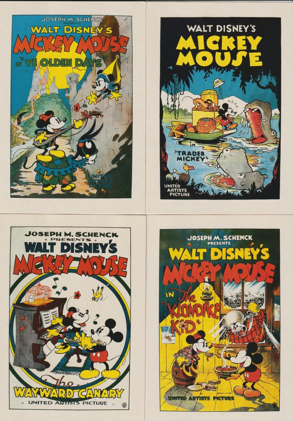 Cartoline postali: 4 Ak Disney's Micky Mouse, Plakatkunst im Postkartenformat – Usato da Bedigliora venduto da positano