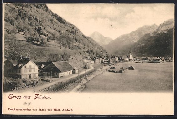 Cartoline postali: AK Flüelen, Ortsansicht, Bahnstrecke – Usato da Berlin venduto da bartko-reher