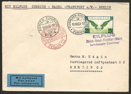 Flugpost Schweiz 1933 Zürich Frankfurt Köln Berlin Luftpost