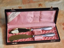 Silber 90  2 Dessert Messer Klinge Vergoldet mit Box