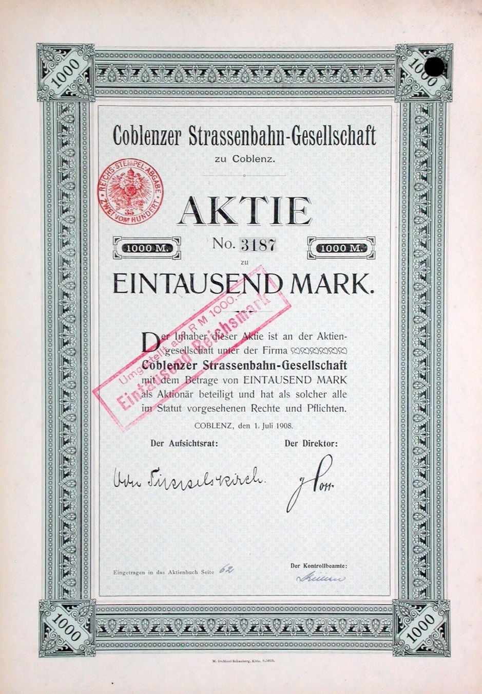 Documenti: Coblenzer Strassenbahn-Gesellschaft zu Coblenz - 1908 – Usato da Solothurn venduto da Sgasche