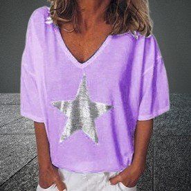 ✨ Lässig & stilvoll: Lila T-Shirt mit silbernem Sterndruck💜