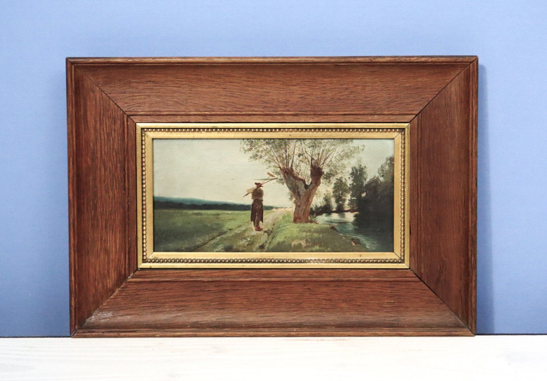 Dipinti: Kleines Ölgemälde, Landschaft, Bauer mit Rechen und Sense – Usato da Zug venduto da Kunst-Fundgrube 3