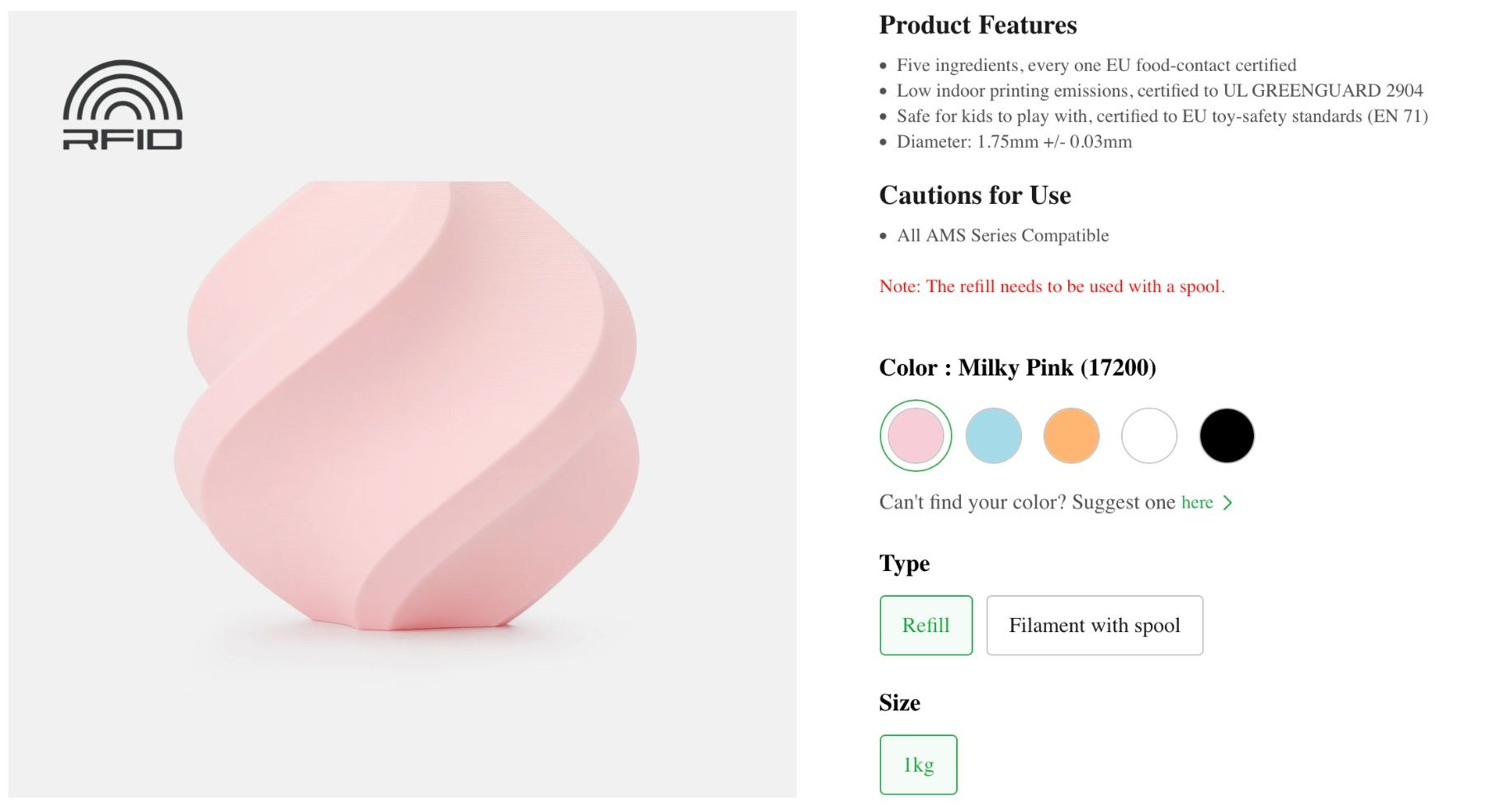 Filamento: Bambu Lab PLA Pure Milky Pink (17200) / refill – Nuovo e nell'imballaggio originale da Aven venduto da psdigital 1
