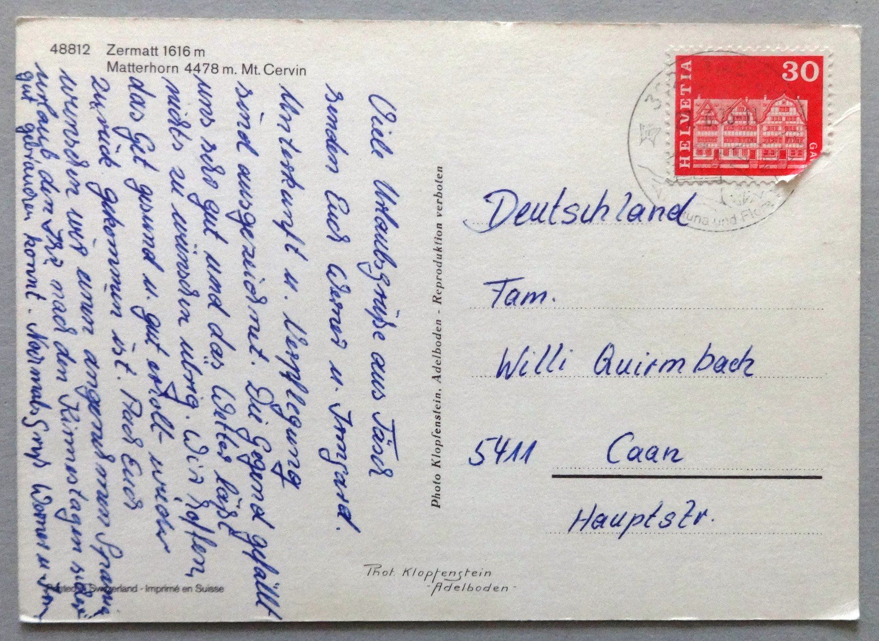 Cartoline postali: Zermatt 1616 m, Matterhorn 4478 m – Difettoso da Fétigny venduto da Billy2miny 1