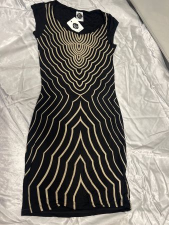Minikleid Schwarz gemustert Rücken offen Gr S Neu
