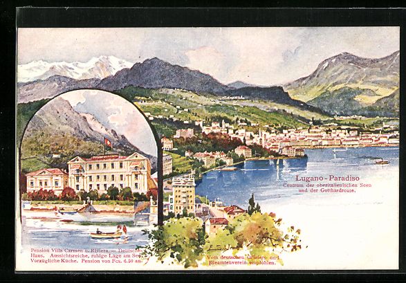 Cartoline postali: Ernst Schlemo: Lugano-Paradiso, Pension  – Usato da Berlin venduto da bartko-reher