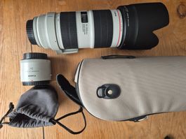 Canon 70–200 mm f/2.8 L III mit Extender 2× III und Tasche