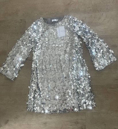VILA Kleid Pailetten Silber Abendkleid Partykleid 38 NEU