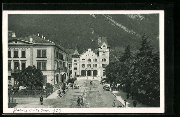 Cartoline postali: Glarus, Bahnhofstrasse mit Hotel Glarner – Usato da Berlin venduto da bartko-reher