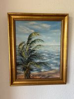Vintage Ölgemälde, Palme am Meer, signiert Margot 1967