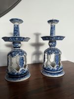 Pair of Antique Candle Holders, Blue & White 