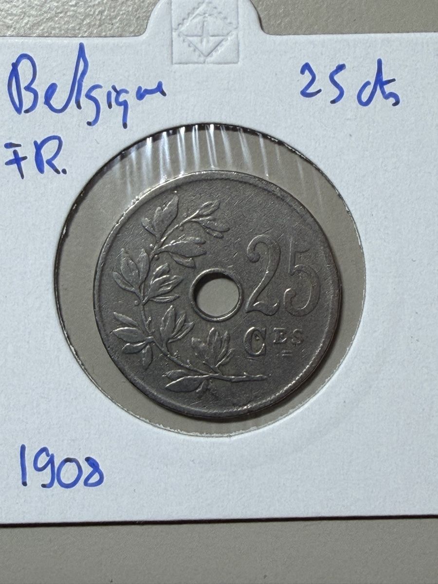 Alle Münzen: Belgique - 25 cents - 1908 – Gebraucht aus Payerne von Mike1682