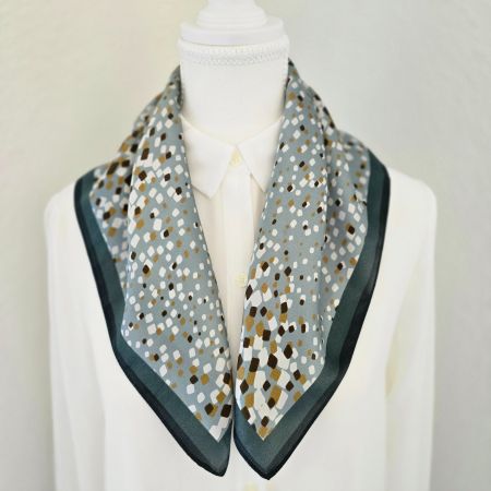 New 53cm Light Teal Silk Scarf, Mosaic Pattern 100% Silk