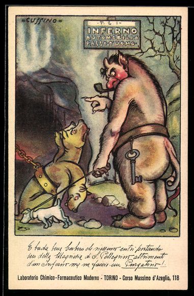 Cartoline postali: Teufel mit Zerberus vor dem Eingang zur  – Usato da Berlin venduto da bartko-reher
