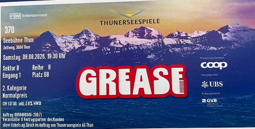 Billets: Topplätze Grease Thunerseespiele – D'occasion à Escholzmatt par 321esistmeins