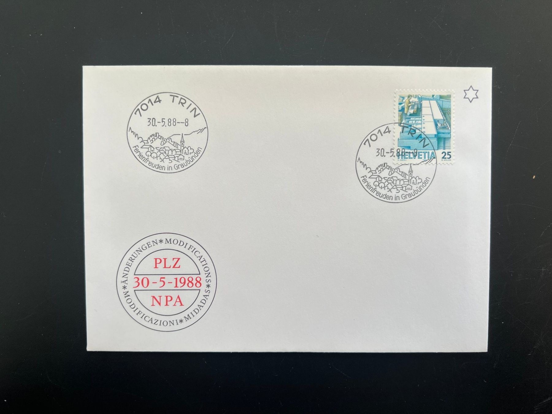 Tutti i francobolli: Trin Erstagbrief-Werbe-Stempel  (M920) – Usato da Hinwil venduto da Sidi4