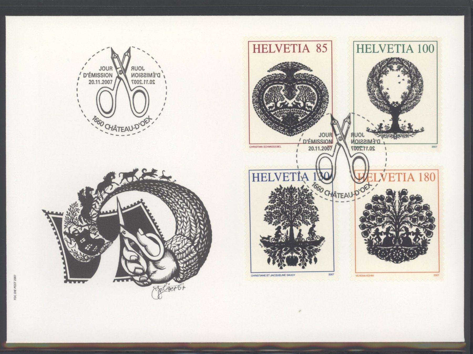 Tutti i francobolli: 2007, FDC, Sondermarken Scherenschnitte – Usato da Willisau venduto da Vollstempel