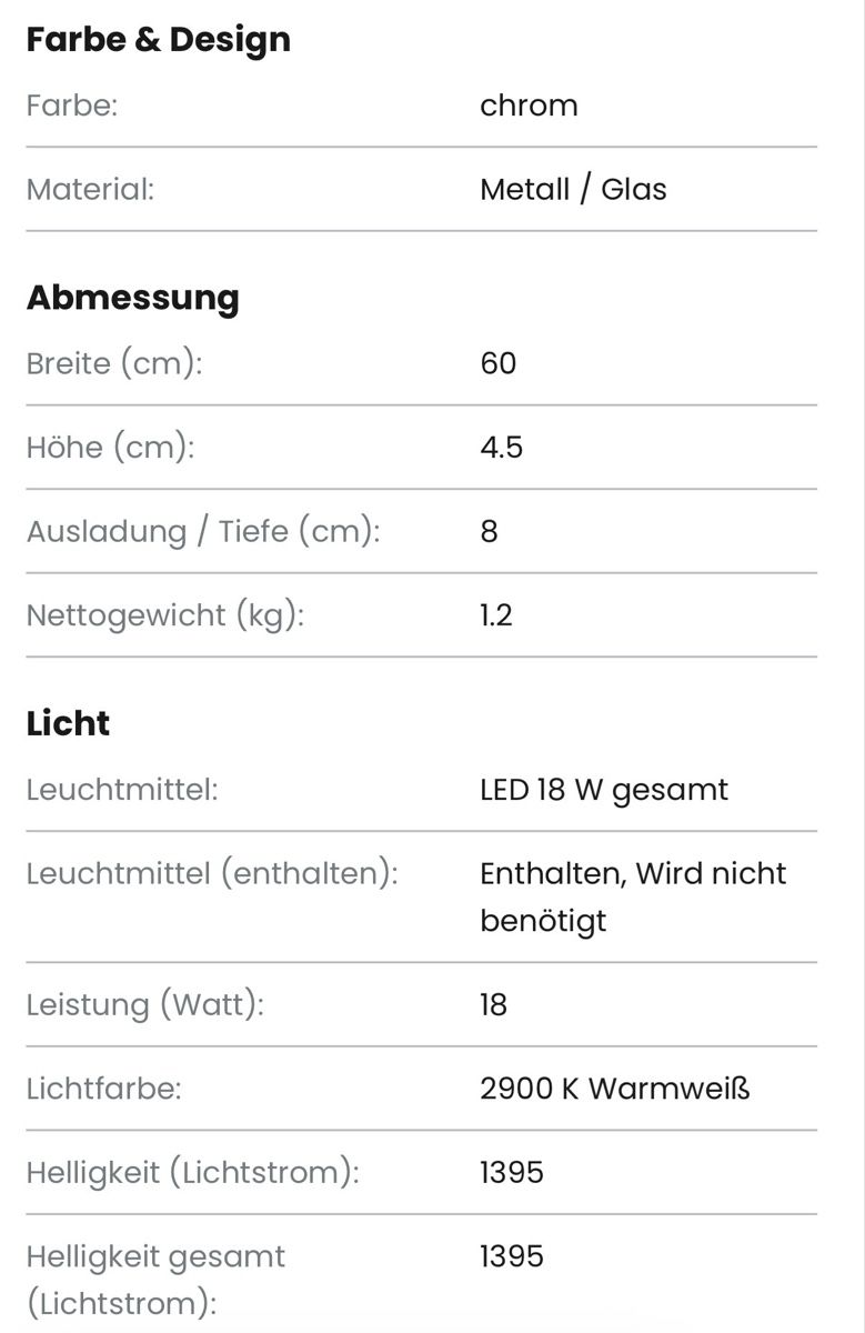 Lampade: Moderne LED Wandleuchte, Chrom 60cm – Nuovo (secondo la descrizione) da Stäfa venduto da FinTonic 2