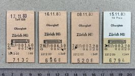 Oberglatt - Zürich HB, 4 alte Bahn Billette, SBB, 1983