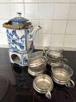 Vintage - Teekanne mit Stövchen und 6 Teegläsern m. Zinn