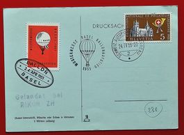 FLUGPOST KARTE BALLON MUBA BASEL GELANDET RIKON ZÜRICH 1955