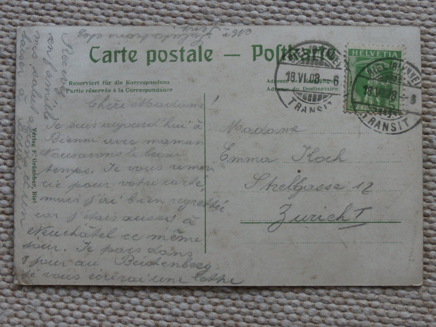 Cartoline postali: AK Biel Bienne Centralplatz Tram  1908 – Usato da Zürich venduto da tiburzio 3
