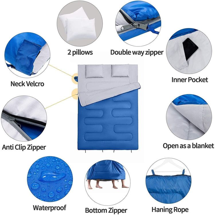 MEREZA Flanell-Doppelschlafsack XL – Für Kaltes Wetter Bis 0°C, Queen Size, OEKO-TEX Zertifiziert, Inklusive Kissen
