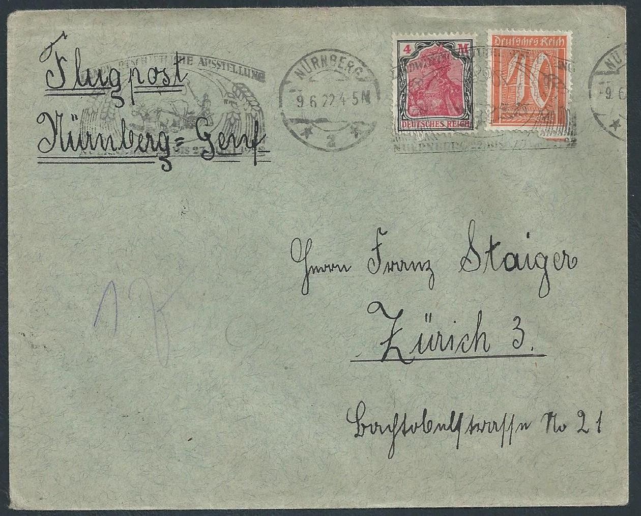 Tutti i francobolli: Flugpost 1922 Nürnberg Zürich Luftpost – Usato da Au ZH venduto da xelagreb01