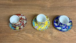 3 Espressotassen mit Untertassen Set asiatisch bemalt