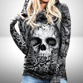 ☠️ Lässiges Langarm Kapuzen Sweatshirt floraler Totenkopf 🌺