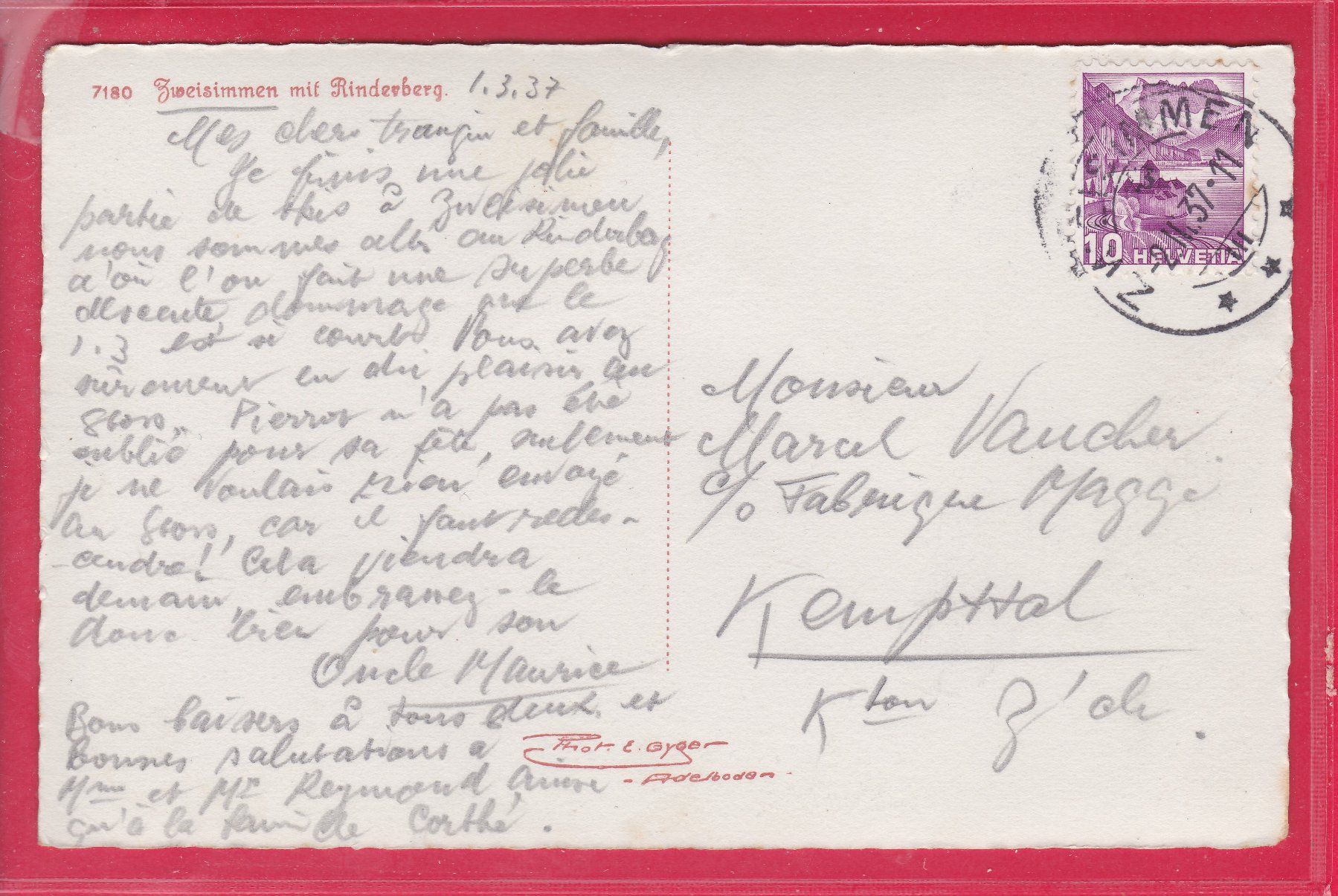 Cartoline postali: ZWEISIMMEN MIT RINDERBERG, 2.3.1937 – Usato da Oberrieden venduto da Gebirgsstelze 1
