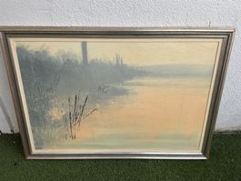 tableau peint sur toile d’un paysage au tons pastel