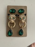 vintage Boucles d'oreilles panthère strass vert doré
