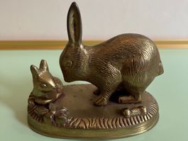 Statuette en laiton sur socle - Lapin et son petit - Vintage