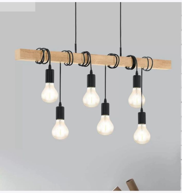 Eglo Lampe De Plafond Townshend 3 - Plafonnier Vintage Industriel Bois Et Acier Noir