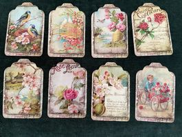 8 Nostalgie Etiketten Vögel Blumen Geschenkanhänger