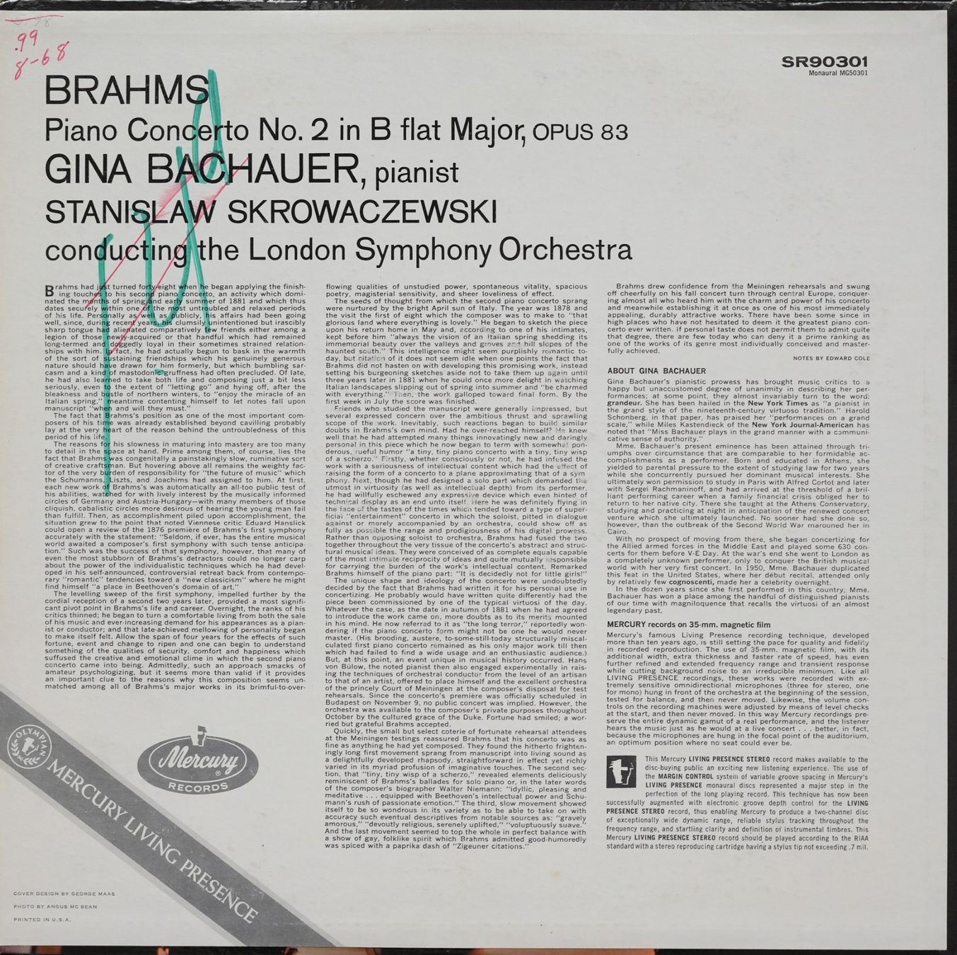 Dischi in vinile: Mercury SR 90301 / Brahms Piano Conc. No. 2 / Bachauer – Usato da Brunnen venduto da Techfreak1 1