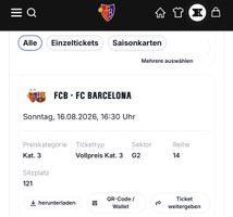 FCB - Barca, 1 Ticket Vollpreis, Kat. 3, G2, R. 14, S. 121