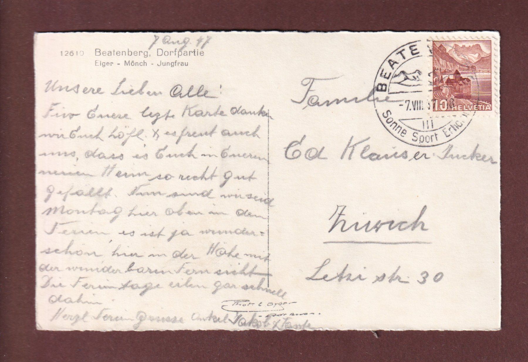 Cartoline postali: BEATENBERG - Dorfpartie - 1947 – Usato da Pully venduto da nicecards-shop 1