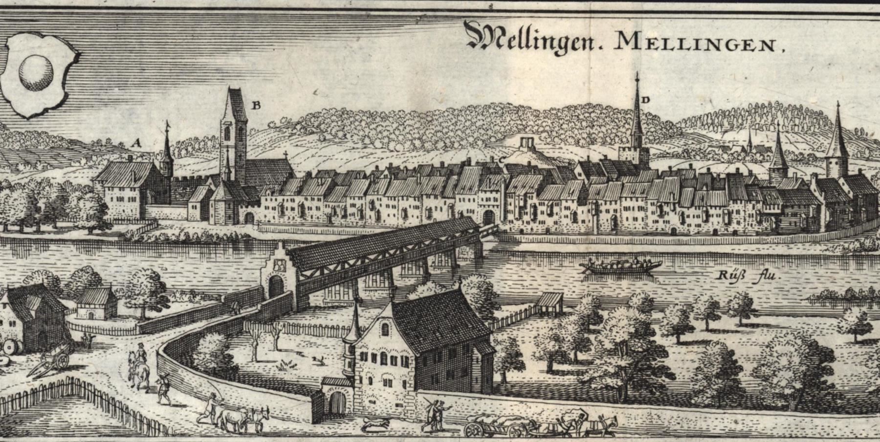 Stiche: Mellingen Kupferstich von Merian – Gebraucht aus Rafz von Helvet32 1