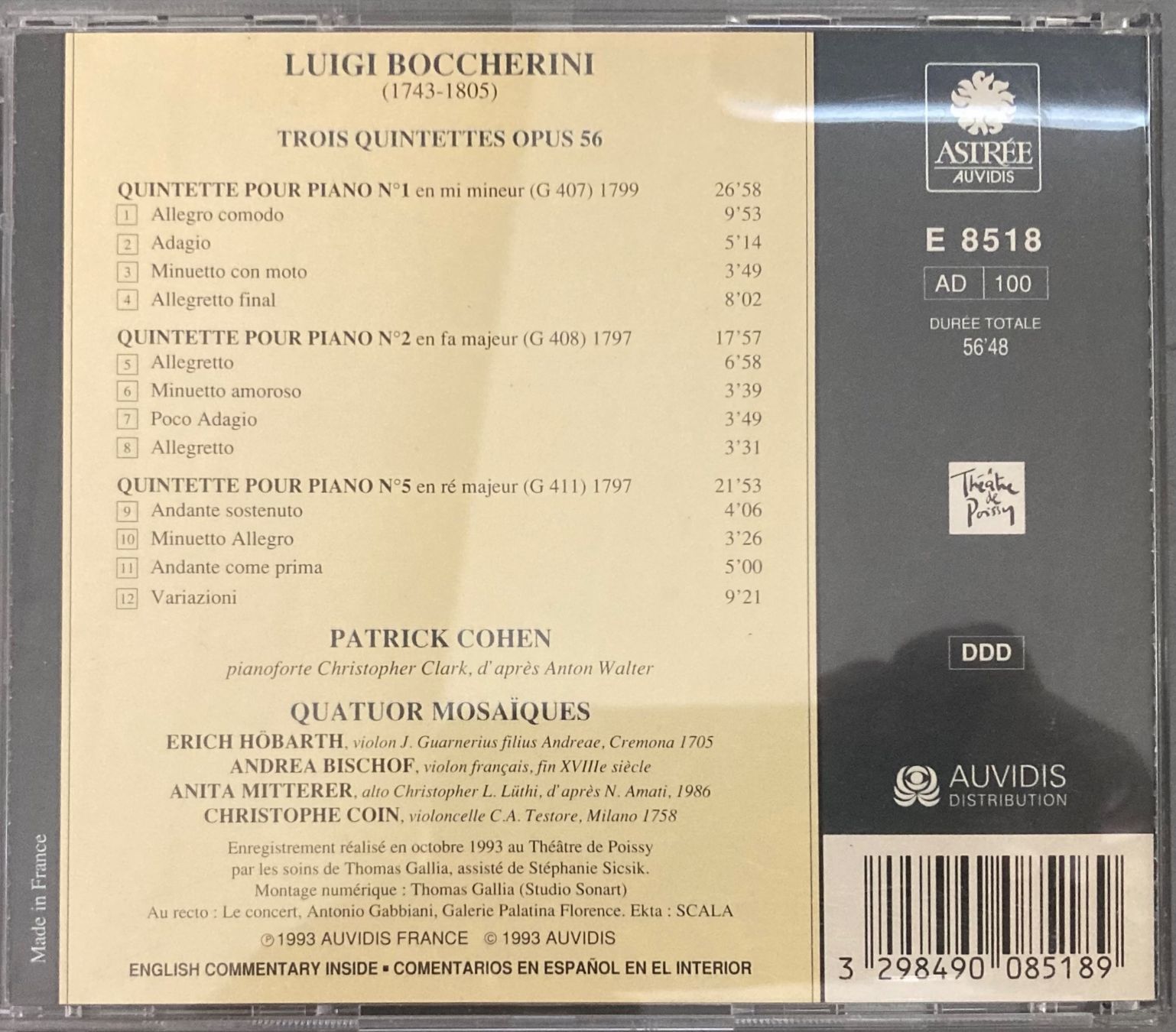 CD: LUIGI BOCCHERINI..... - TROIS QUINTETTES..... – Usato da Poliez-Pittet venduto da Newtown-Records 1