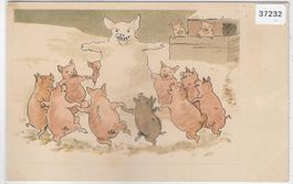 Schweine-Familie beim Tanzen - Litho