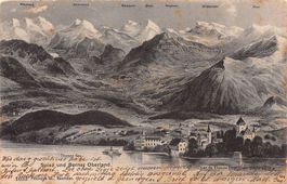 Vogelschau-AK: Spiez und Berner Oberland, gelaufen 1905